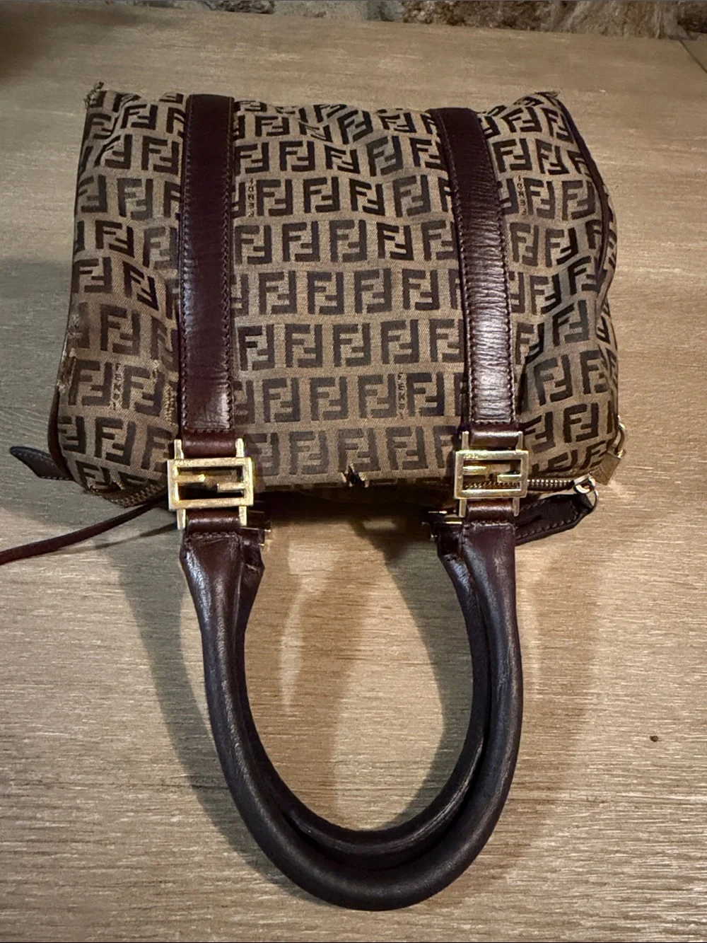 Fendi Brown Zucca Logo Canvas Satchel with Dark Brown Leather Trim